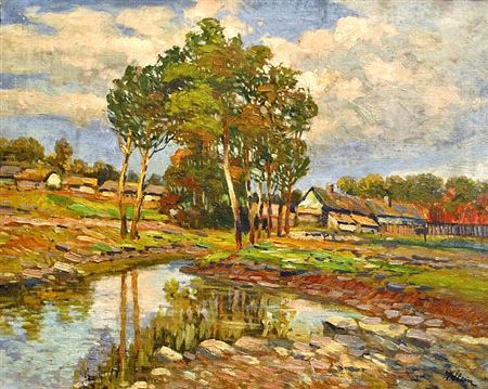 Little river behind a village by Vaclav Stein - Auction record, sale price, and art valuation. Compare with similar artists and explore comparable artworks.