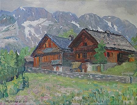 Alpenlandschap met chalets by Walther Racine - Auction record, sale price, and art valuation. Compare with similar artists and explore comparable artworks.