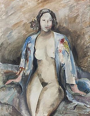 Weiblicher Akt in blauem Morgenmantel