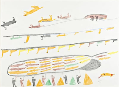 Untitled (Scene depicting fishing, dog sledding, birds and other animals)