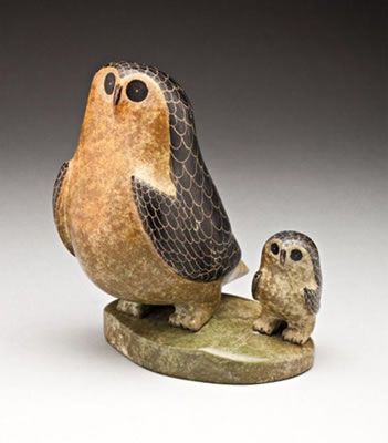 Owl and chick on a base by Simeonie Kowjakoolook - Auction record, sale price, and art valuation. Compare with similar artists and explore comparable artworks.