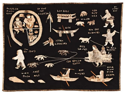 A monumental wall hanging in the southern Nunavik (Arctic Quebec) style, depicting traditional camp and hunting life, ca. mid-1970s