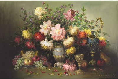 STILL LIFE OF PEONIES ON A LEDGE