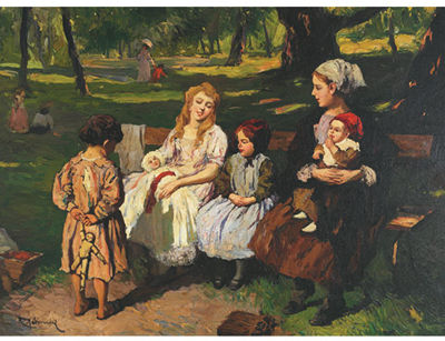 YOUNG MOTHERS ON A PARK BENCH