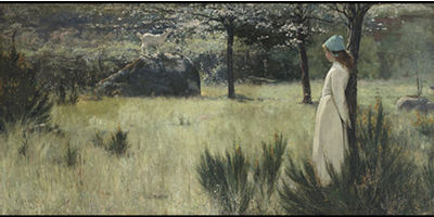 THE YOUNG SHEPHERDESS AND HER GOAT IN A SPRINGTIME PASTURE