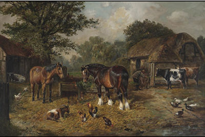 FARMYARD WITH HORSES, CATTLE AND POULTRY