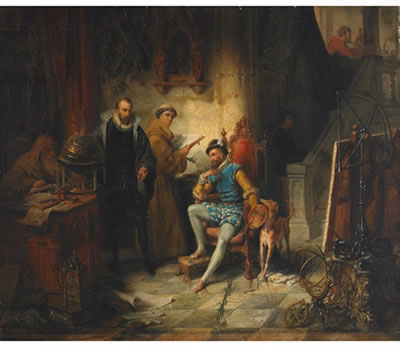 GALILEO INSTRUCTING THE ARTIST LODOVICO CIGOLI PAINTING IN A SCIENTIFIC LABORATORY
