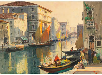 FIGURES LOADING BOATS ON A SUNLIT VENETIAN CANAL