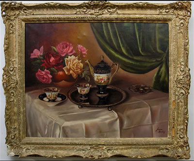 STILL LIFE WITH FLOWERS AND TEA SERVICE