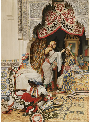 HAREM GIRLS PREPARING FOR THE FESTIVITIES by Jaromir Kocourek - Auction record, sale price, and art valuation. Compare with similar artists and explore comparable artworks.
