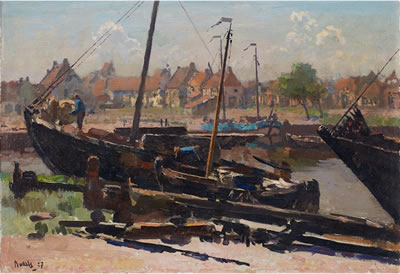 BOATMEN WORKING AT A PIER