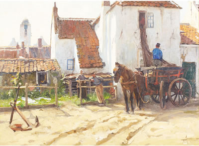 FARMER LOADING A HORSE-DRAWN CART WHILE NEIGHBOURS CHAT