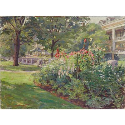 SUMMER GARDEN WITH HOLLYHOCKS IN BLOOM