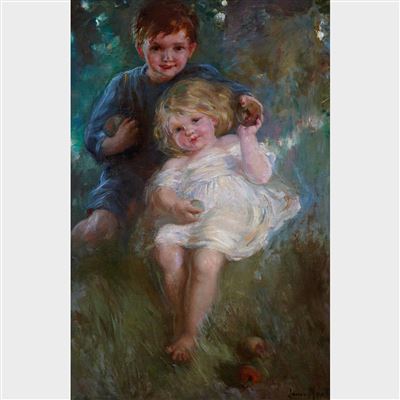 PORTRAIT STUDY OF TWO CHILDREN IN AN ORCHARD by Laura Adeline Muntz-Lyall - Auction record, sale price, and art valuation. Compare with similar artists and explore comparable artworks.