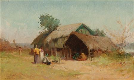 Figures before a Whare