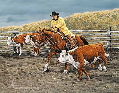 Sample artwork by John Ralph Schnurrenberger (Born 1940), known for western scene painting, cowboys, horses, landscape - View similar artists and auction records