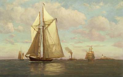 Inlet Scene with Sailboats and Lighthouse by C Myron Clark - Auction record, sale price, and art valuation. Compare with similar artists and explore comparable artworks.