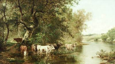 Cows Watering by a Stream by Charles Grant Beauregard - Auction record, sale price, and art valuation. Compare with similar artists and explore comparable artworks.