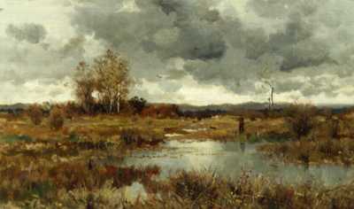 Hunter with Hounds in Marsh Landscape