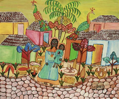 Sample artwork by Alexandre Gregoire (1922 - 2001), known for naive style paintings depicting voodou, daily life, and historical events - View similar artists and auction records
