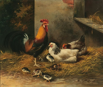BARN INTERIOR WITH ROOSTER, HEN AND CHICKS