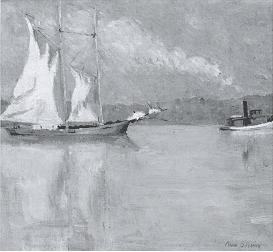 Tugboat Towing a Sailboat Down a River