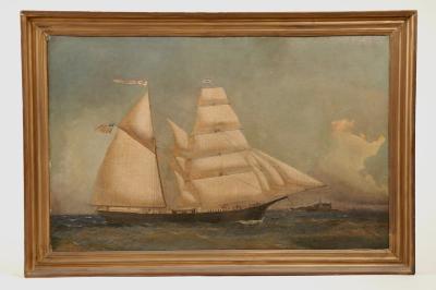 Two-masted Brig flying an American flag and ship's colors "Lizzie M. Merrill" of Richmond, Maine