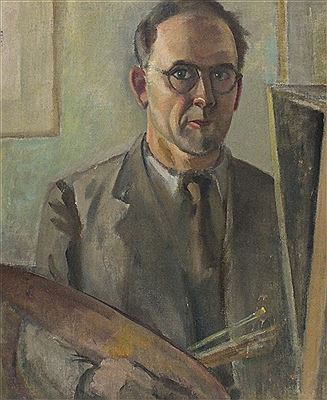 Portrait of Hurst Balmford: Self portrait of the artist at his easel