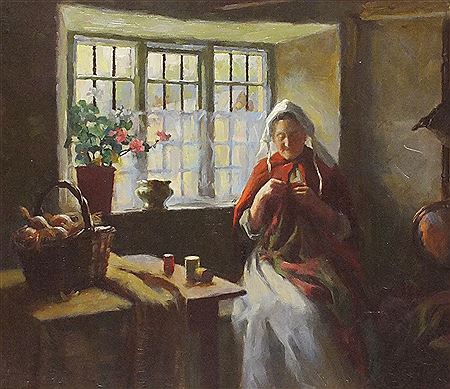 Interior with a woman darning