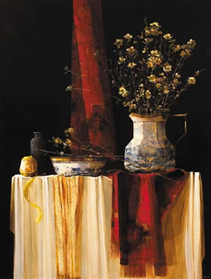 STILL LIFE WITH FLOWERS, TAPESTRY AND SILK ON WHITE