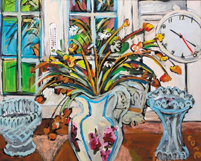 STILL LIFE WITH FLOWERS, VASES AND CLOCK