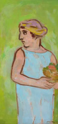 WOMAN IN BLUE HOLDING A BOWL OF FLOWERS