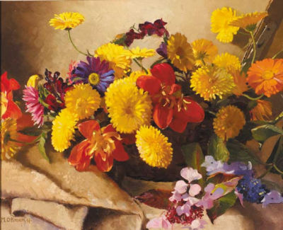 BASKET OF FLOWERS (CHRYSANTHEMUM, DAISIES, LILIES AND HYDRANGEA)