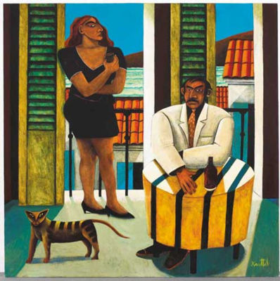 MAN, WOMAN AND CAT IN INTERIOR