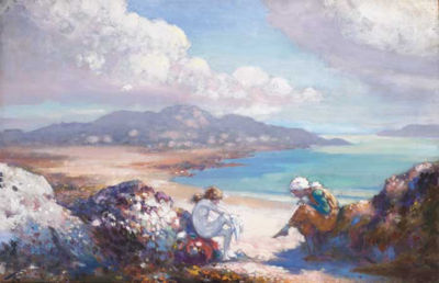 YOUNG GIRLS SITTING UPON ROCKS WITH A HARBOUR AND HEADLANDS IN THE DISTANCE