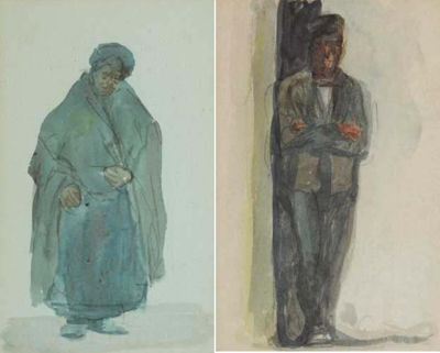 DUBLINERS - OLD WOMAN IN SHAWL and MAN IN A CAP LEANING IN A DOORWAY (A PAIR)