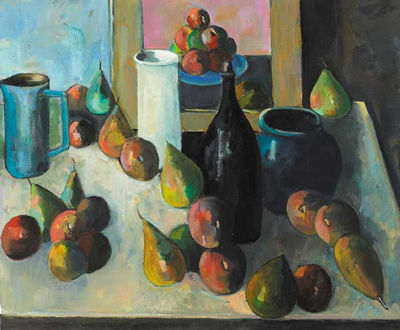 STILL LIFE, PEARS AND BLACK BOTTLE