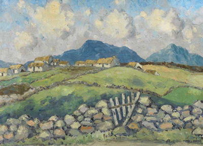 WEST OF IRELAND LANDSCAPE WITH STONE WALLS AND GATE AND VILLAGE BEYOND
