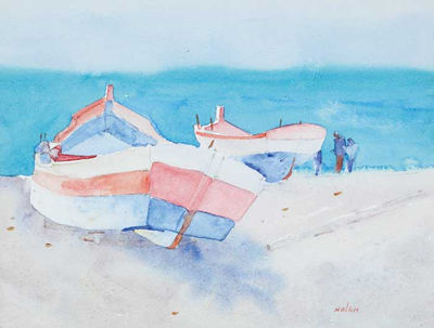 FISHING BOATS, BOURRIANA, NERJA, SPAIN by James Nolan - Auction record, sale price, and art valuation. Compare with similar artists and explore comparable artworks.