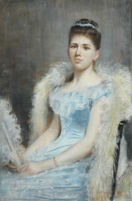 LADY IN A BLUE SILK DRESS AND FEATHERED BOA, 1891
