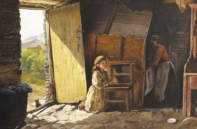"MORNING PRAYER", COTTAGE INTERIOR, COUNTY CORK, 1901
