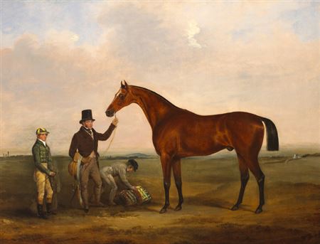 COLONEL WESTENRA'S FRENEY" WITH JOCKEY AND ATTENDANTS ON THE CURRAGH, CO. KILDARE and "ROLLER", A BAY HUNTER WITH HOUNDS "JOLTY BOY" AND "JACKEY BOY" IN A STABLE (A PAIR)"