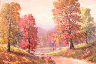 Autumn Country Lane with Pond and Split Rail Fence