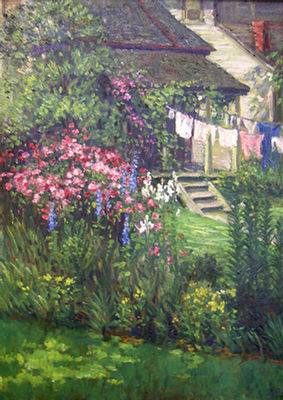 HOUSE WITH FLOWER GARDEN AND CLOTHES ON THE LINE