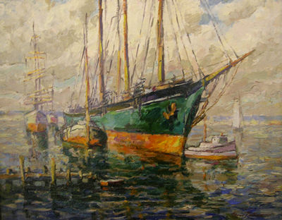 SCHOONER, SAILING SHIPS AND OTHER BOATS IN HARBOR