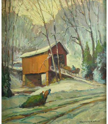 Brown County covered bridge in winter with horse and sleigh and figures