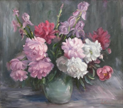 "Peonies", depicting peonies and iris in blue bowl