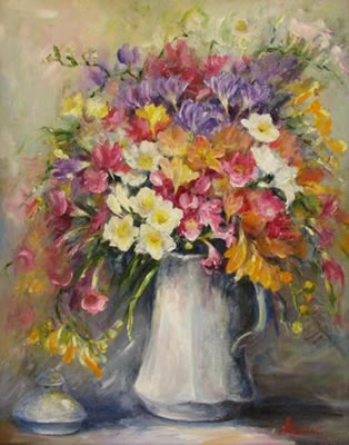Summer bouquet in white porcelain pitcher by Sally Kriner - Auction record, sale price, and art valuation. Compare with similar artists and explore comparable artworks.