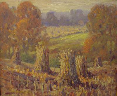 Autumn Landscape with Cornshocks by George Lienemann - Auction record, sale price, and art valuation. Compare with similar artists and explore comparable artworks.