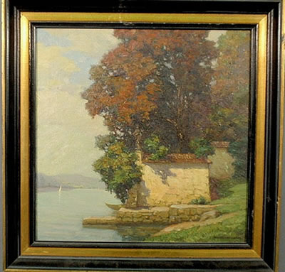 Lake shore scene with stone boathouse and sailboats by Karl Weickgenannt - Auction record, sale price, and art valuation. Compare with similar artists and explore comparable artworks.